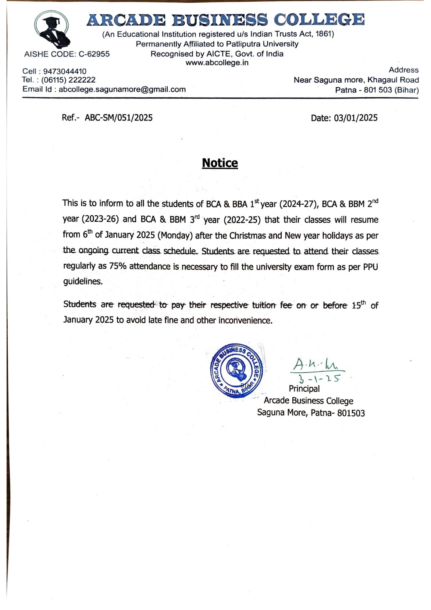 Notice Regarding Reopening of Classes