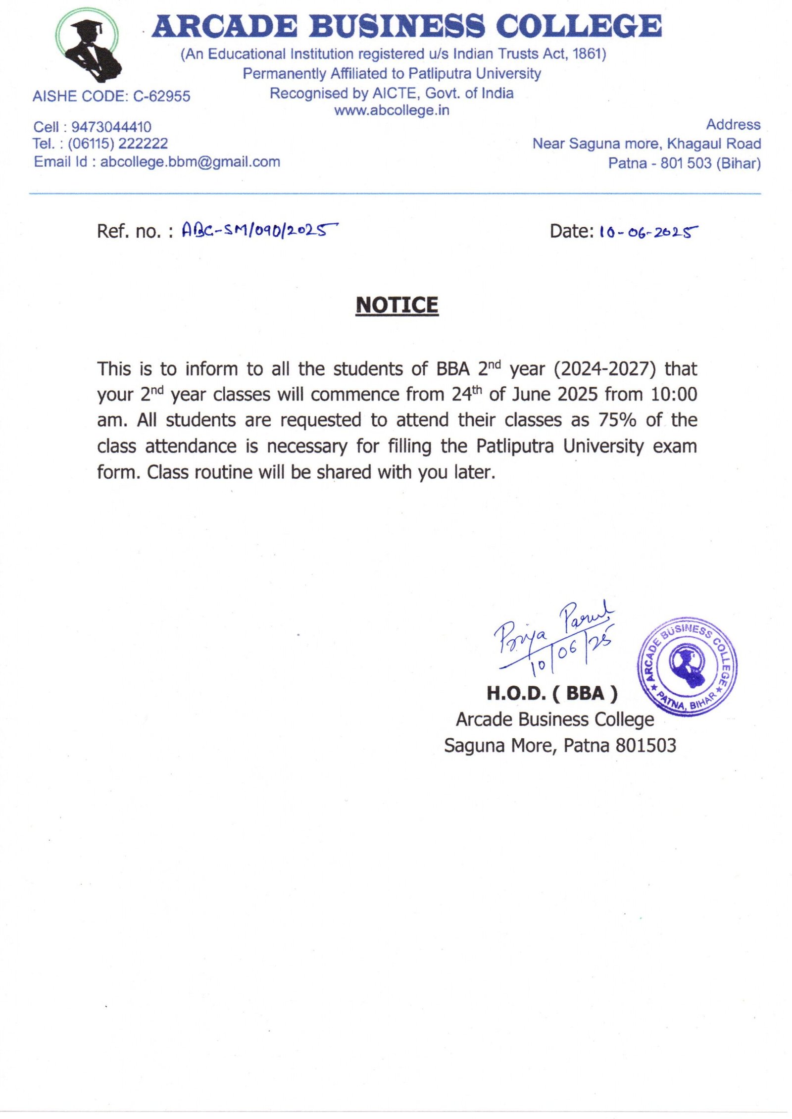 Commencement of BBA 2nd year classes