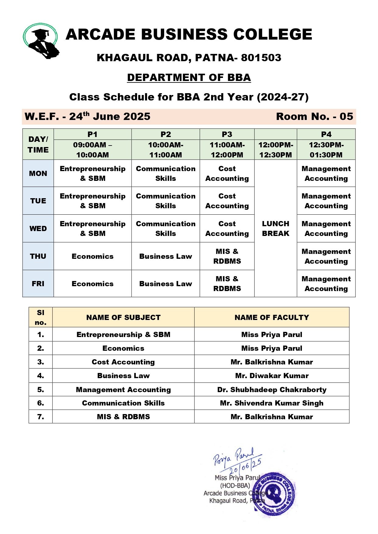 Class Schedule for BBA 2nd Year (2024-27).