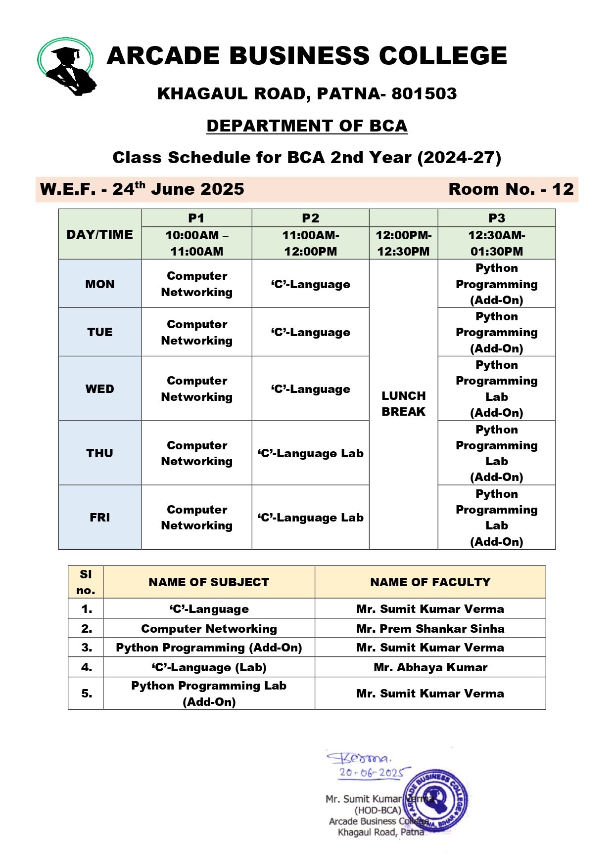 Class Schedule for BCA 2nd Year (2024-27)