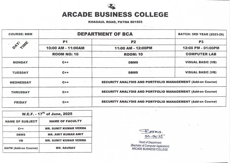 Class Schedule for BCA 3rd Year (2023-26)