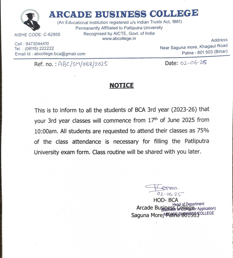 Commencement of BCA 3rd year Classes