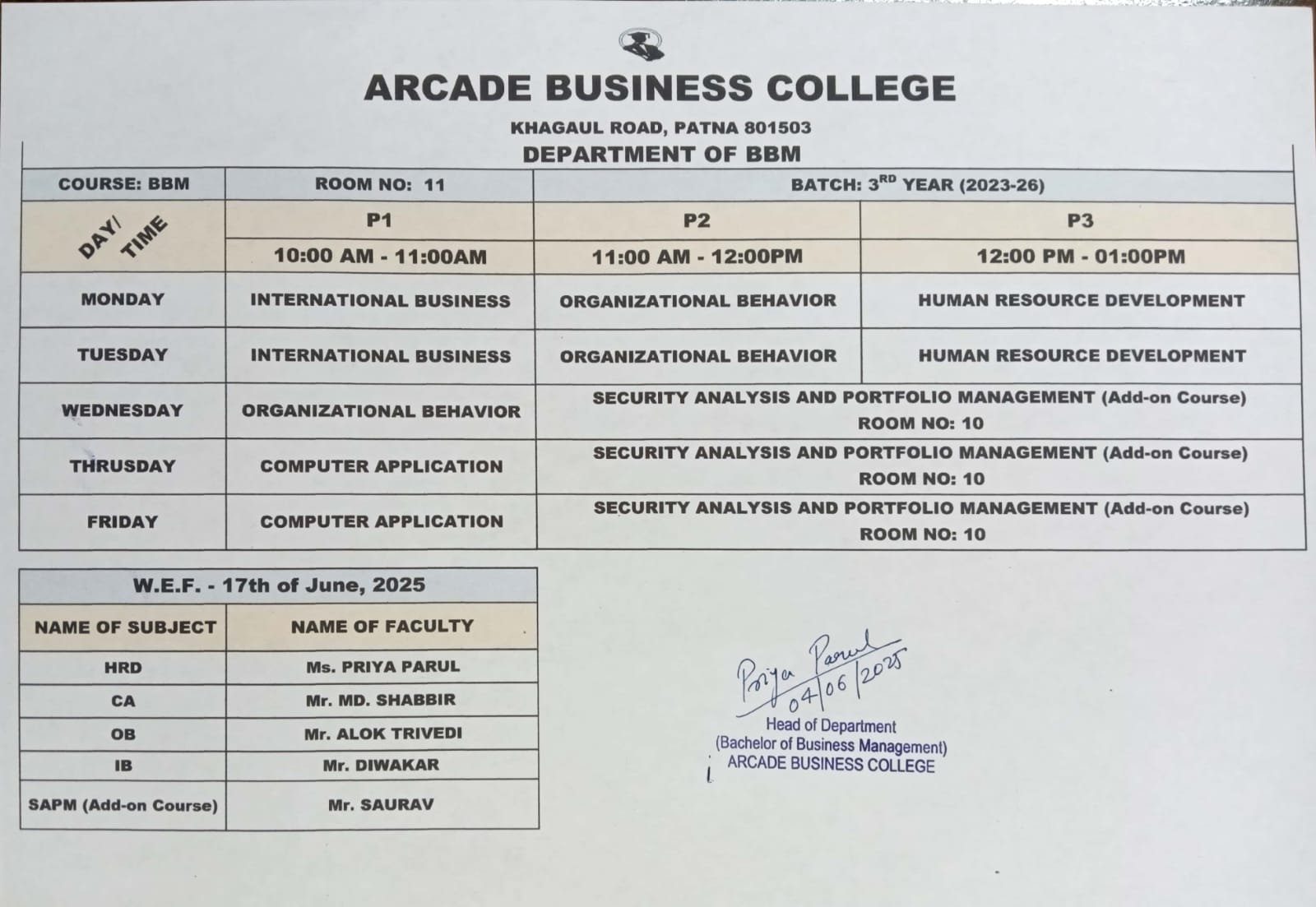 Class Schedule for BBM 3rd Year (2023-26)