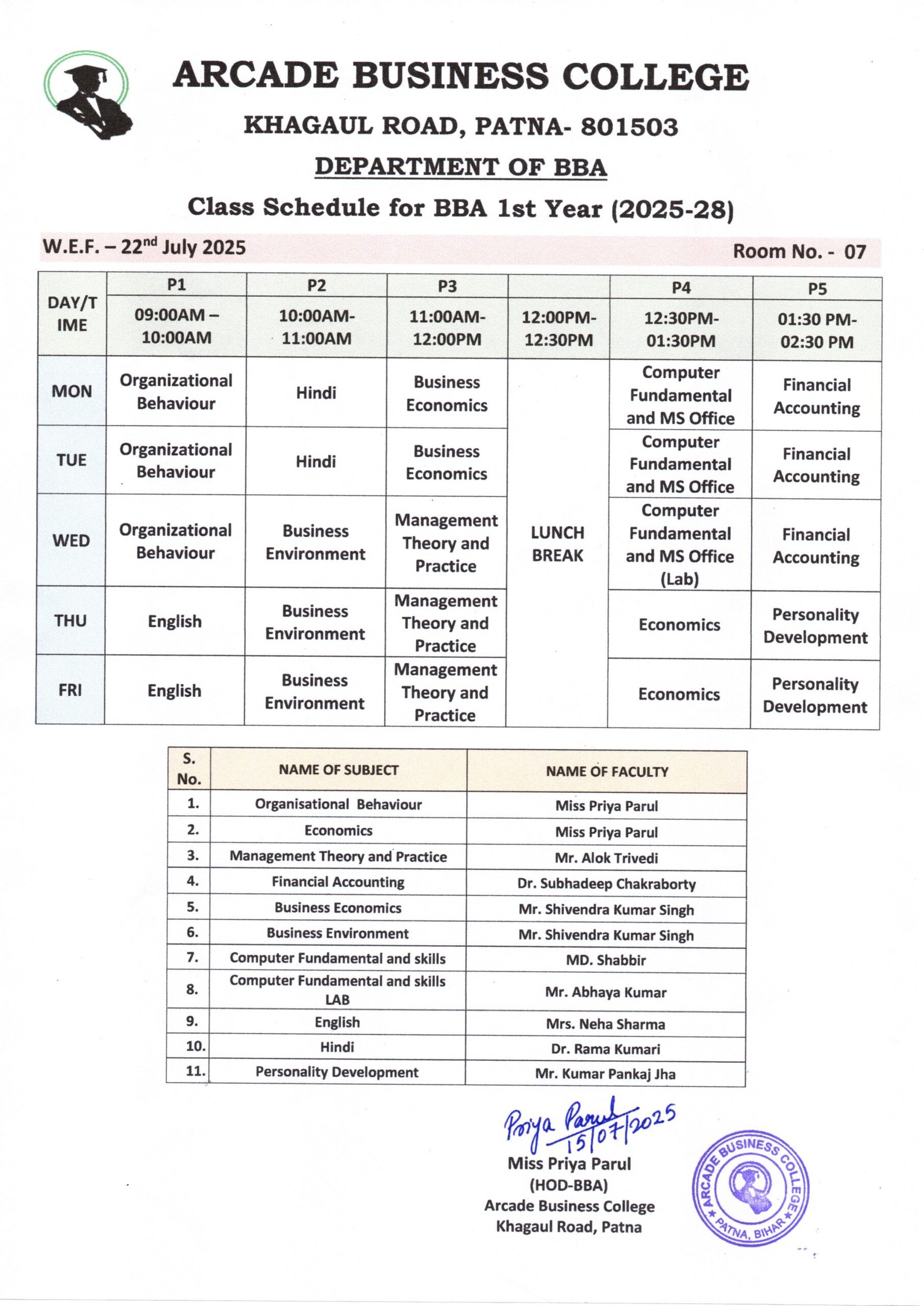 Class Schedule for BBA 1st Year (2025-28)