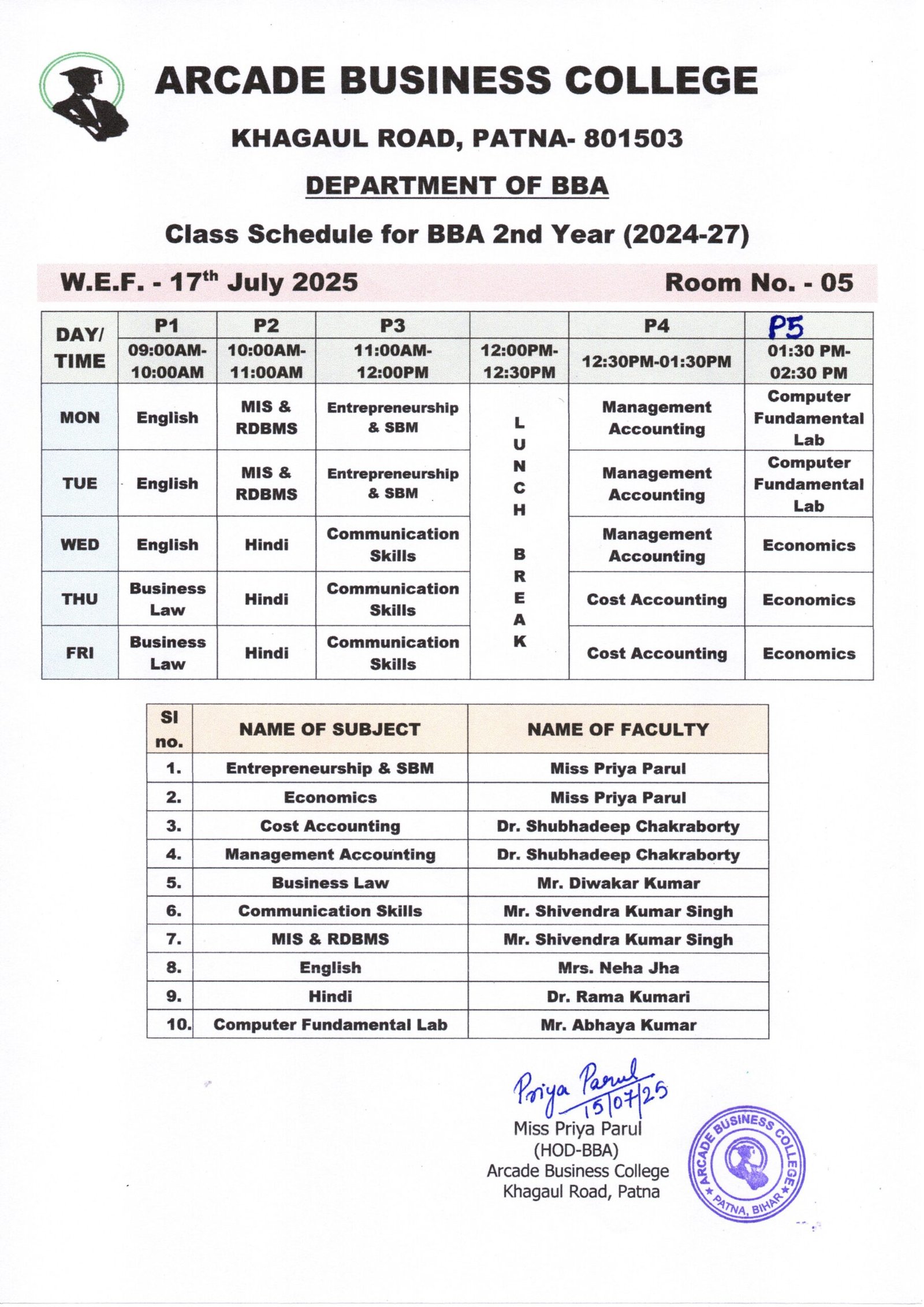 Class Schedule for BBA 2nd Year (2024-27)