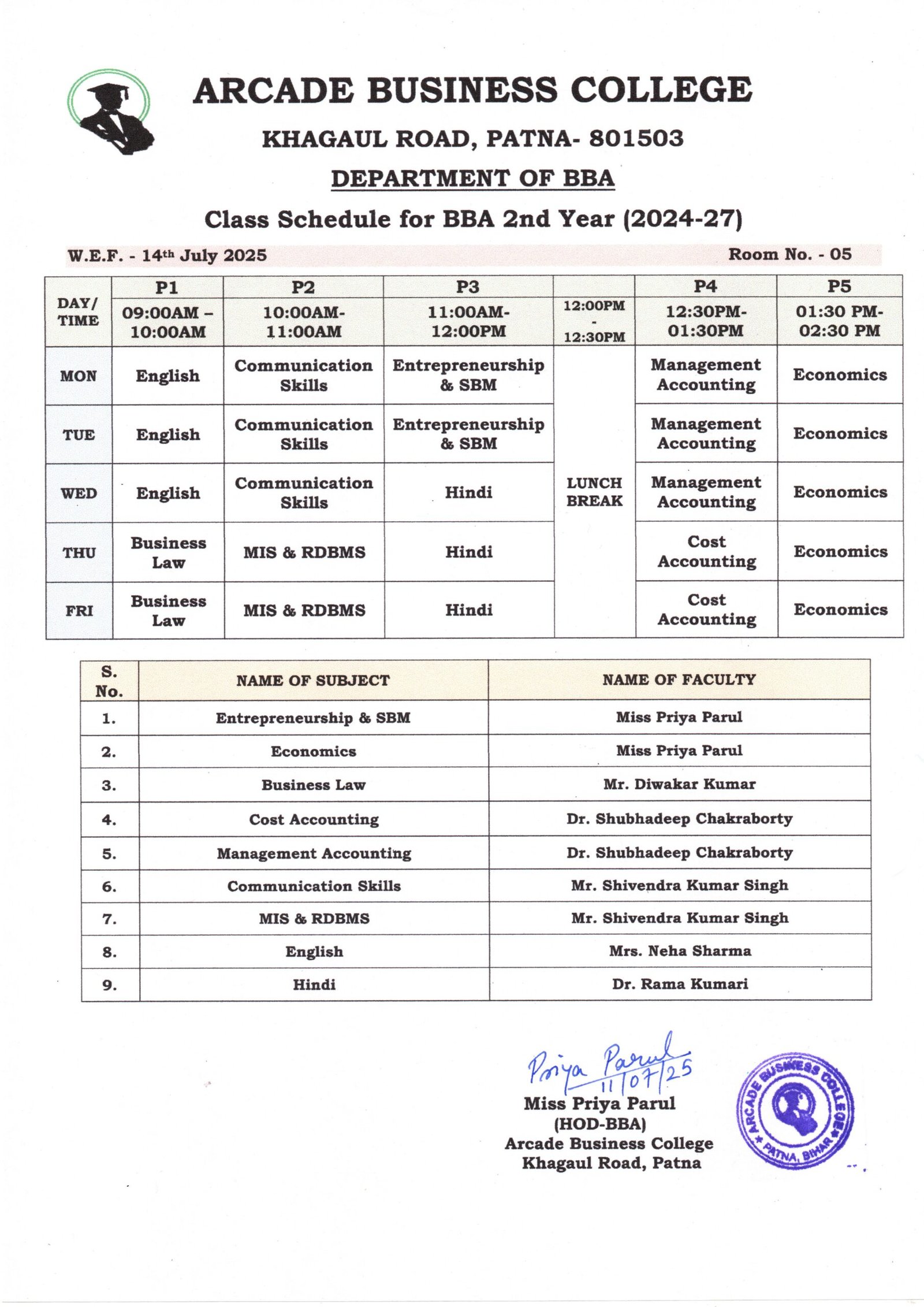 Class Schedule for BBA 2nd Year (2024-27)