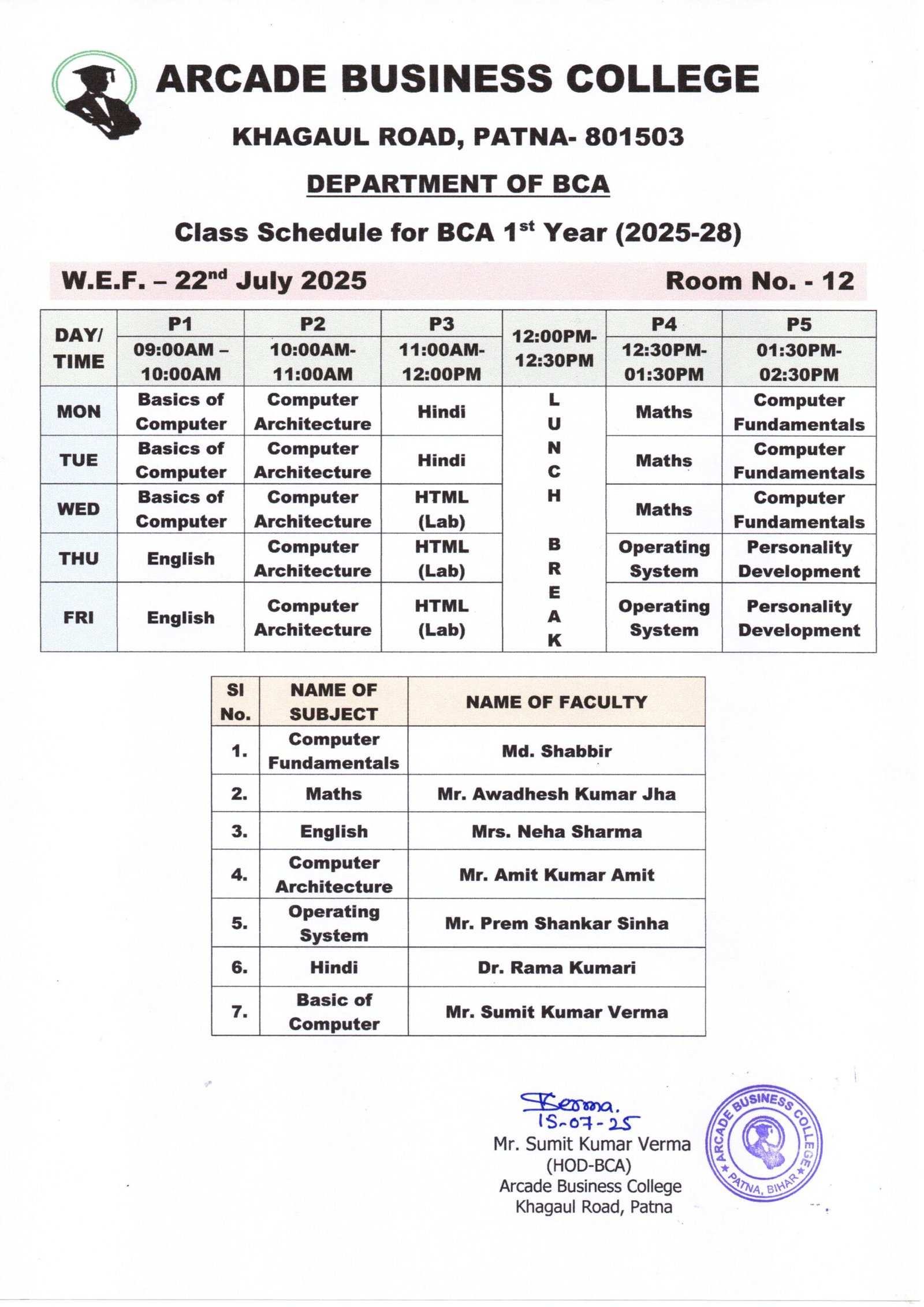 Class Schedule for BCA 1st Year (2025-28)