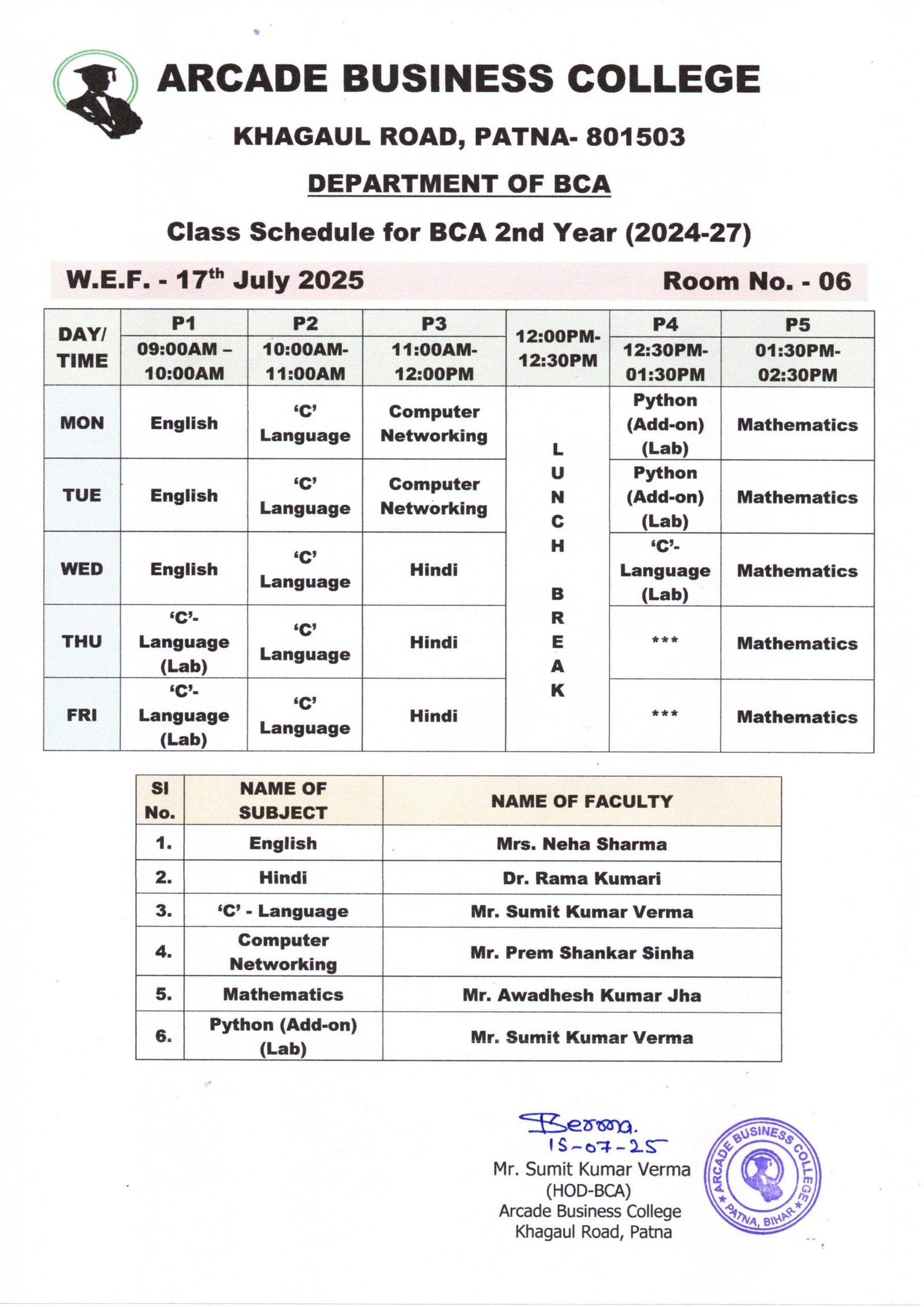 Class Schedule for BCA 2nd Year (2024-27)