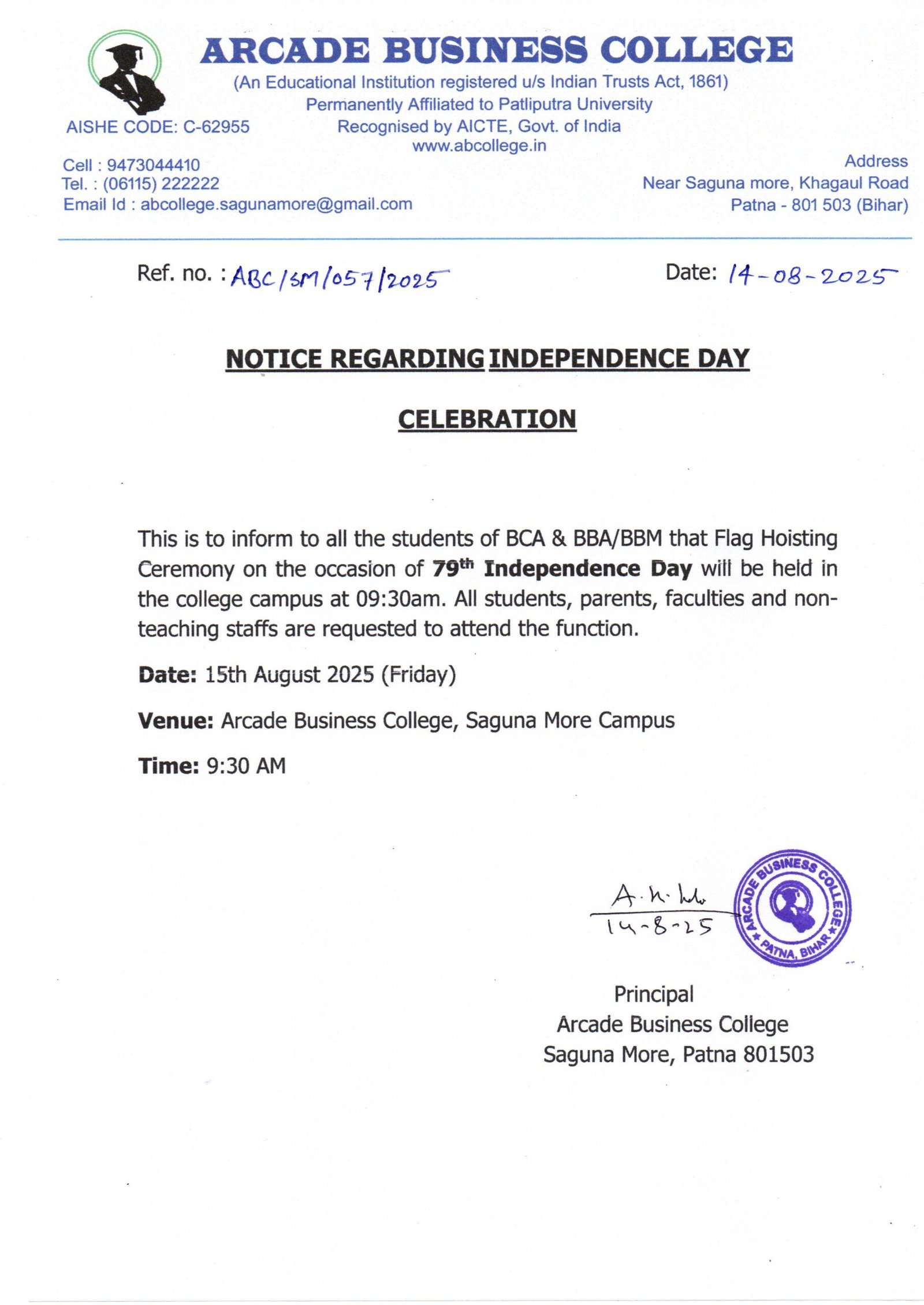 NOTICE REGARDING INDEPENDENCE DAY CELEBRATION