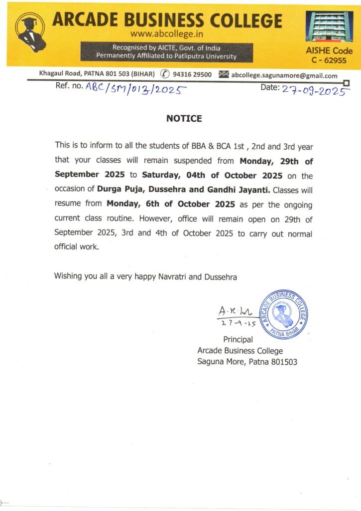 NOTICE REGARDING CLASS SUSPENSION ON THE OCCASION OF DURGA PUJA, DUSSEHRA AND GANDHI JAYANTI