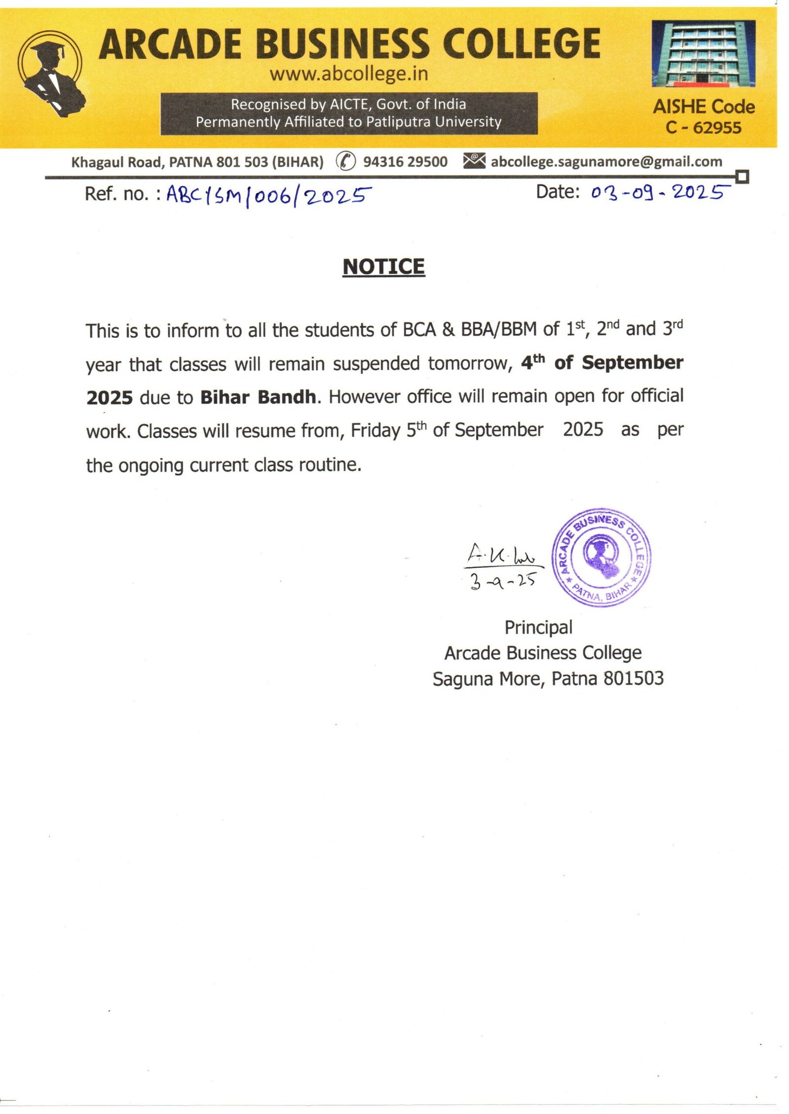 NOTICE REGARDING CLASS SUSPENSION DUE TO BIHAR BANDH