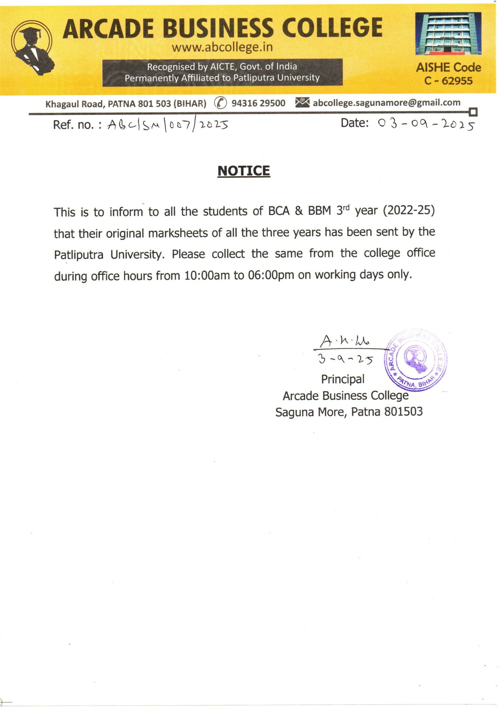 NOTICE REGARDING ORIGINAL MARKSHEETS