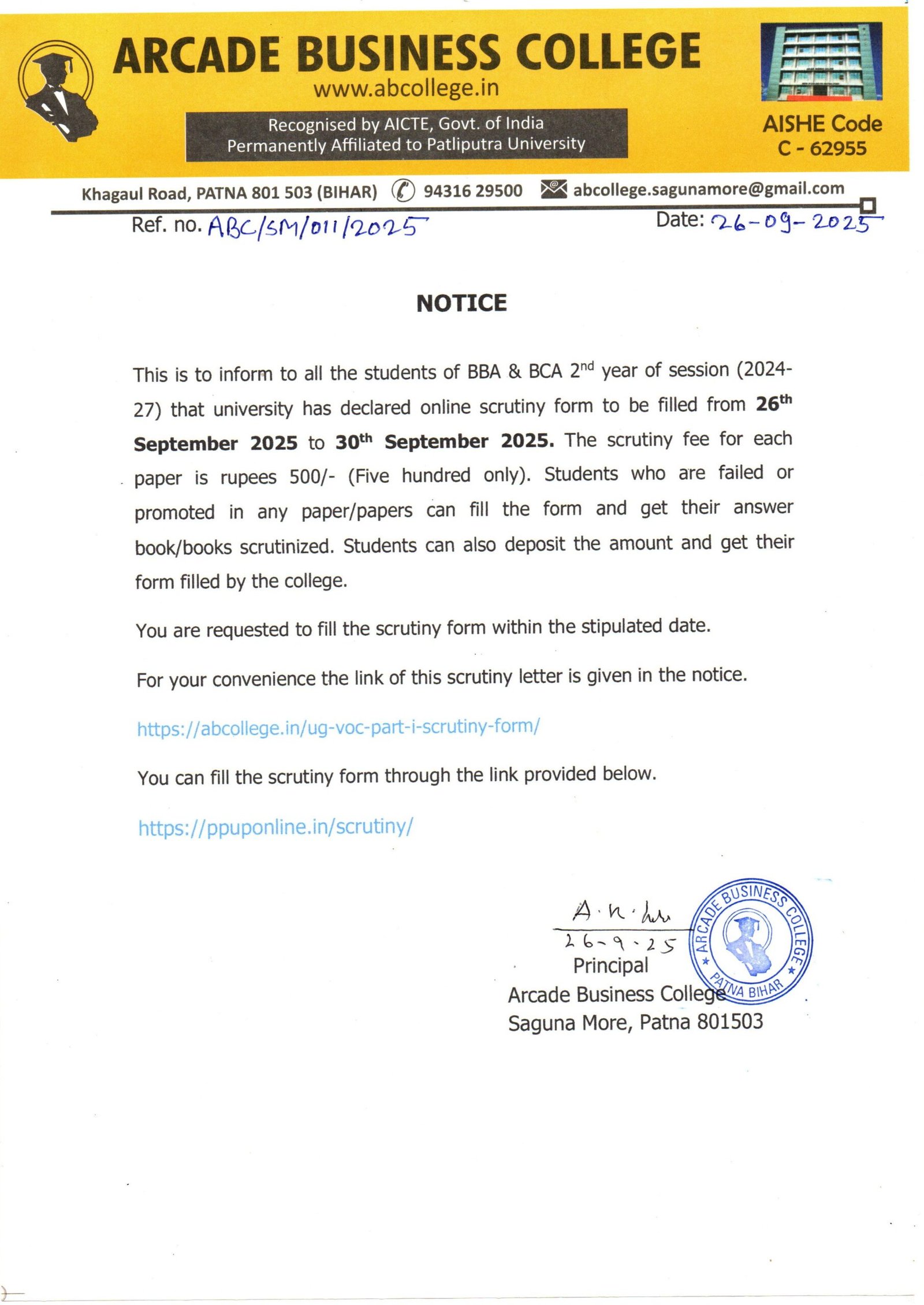 NOTICE REGARDING UG VOC. PART- I SCRUTINY FORM