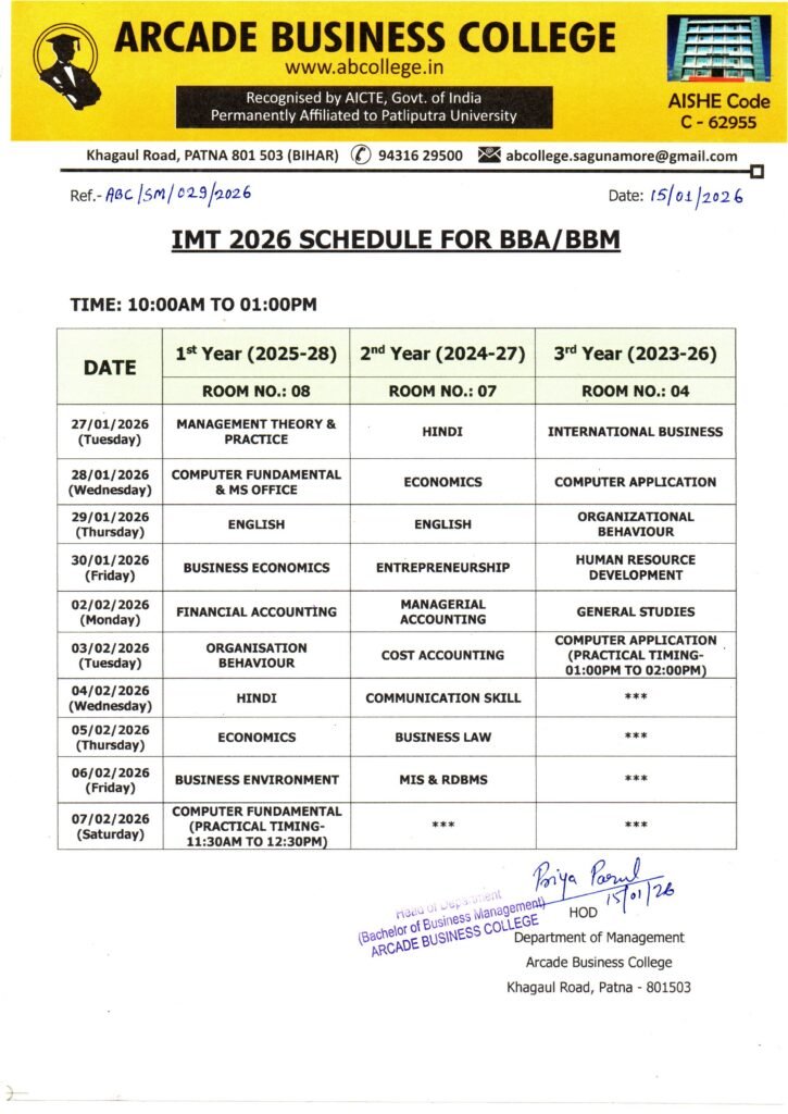 IMT 2026 SCHEDULE FOR BBA/BBM