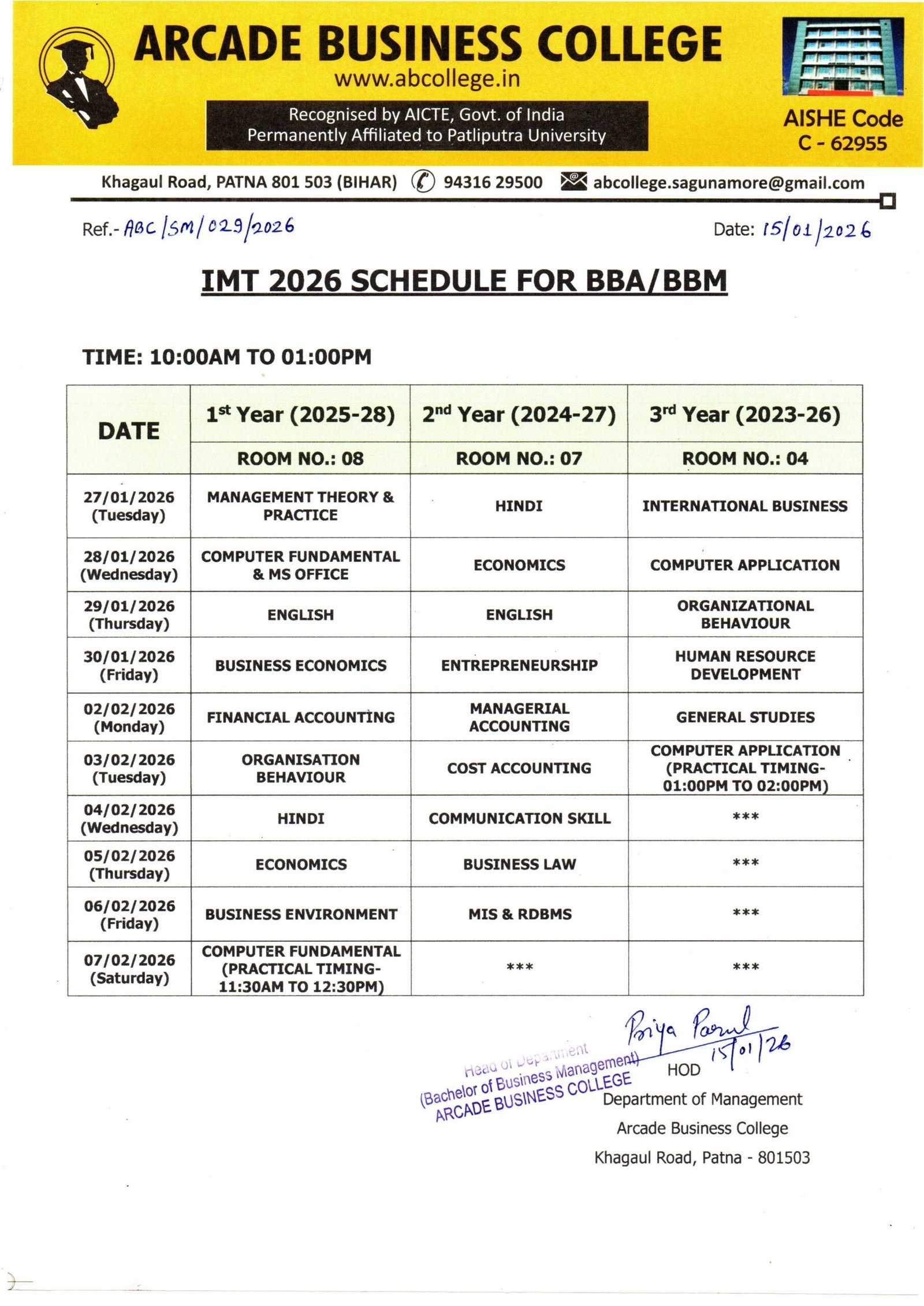 IMT 2026 SCHEDULE FOR BBA/BBM
