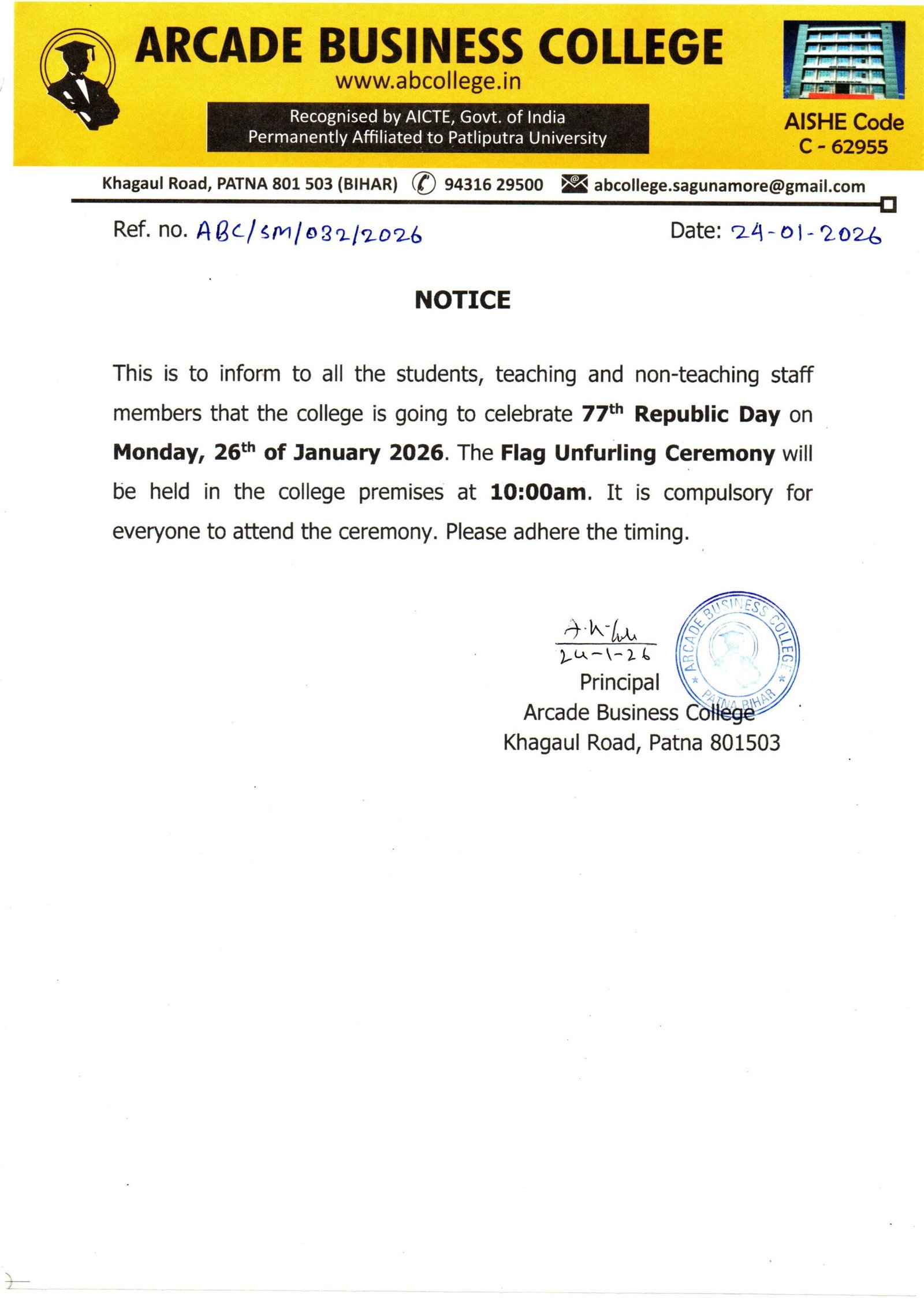 NOTICE: REGARDING CELEBRATION OF REPUBLIC DAY 2026