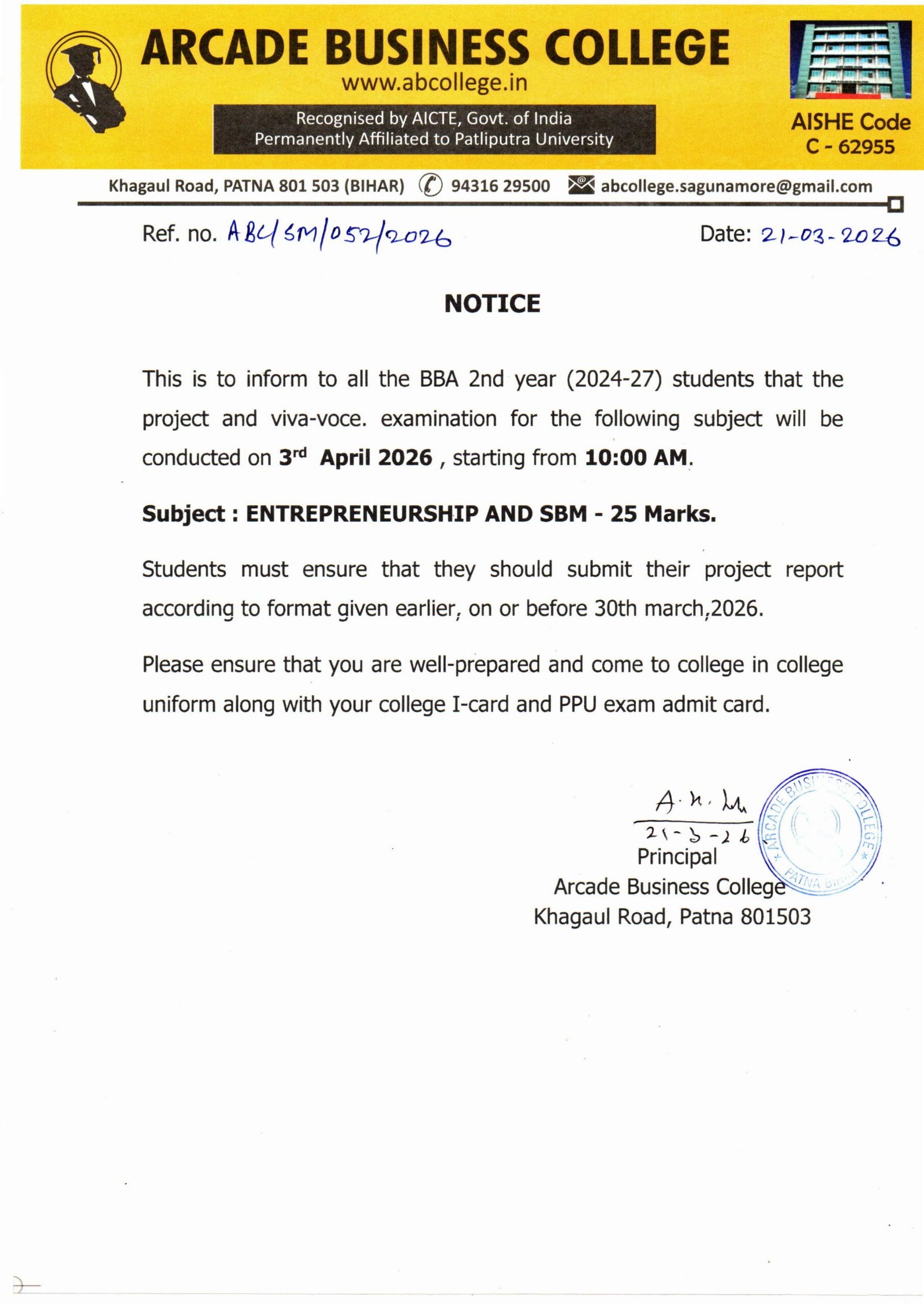 NOTICE: SCHEDULE FOR PROJECT AND VIVA-VOCE. BBA 2ND YEAR (SESSION: 2024-27)