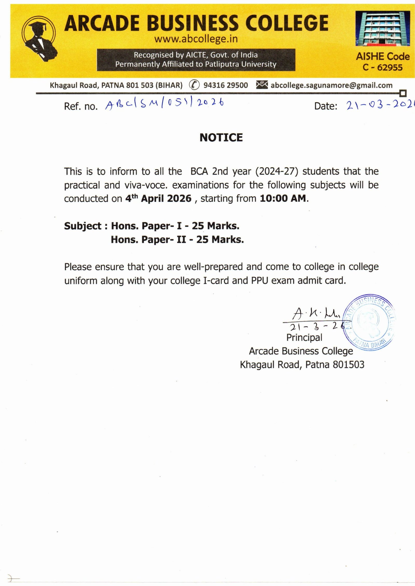 NOTICE: SCHEDULE FOR PRACTICAL AND VIVA-VOCE. BCA 2ND YEAR (SESSION: 2024-27)