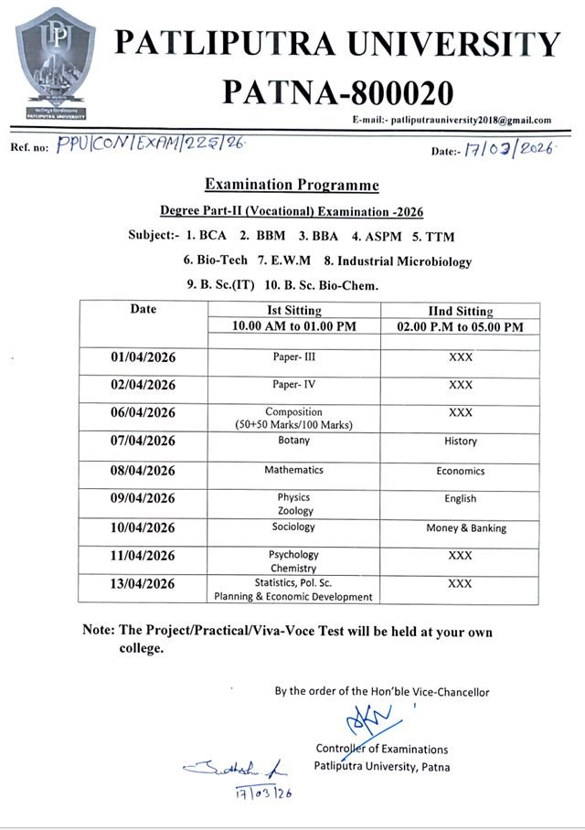 The Exam Schedule of BBA & BCA Part- II (2024-27) of Patliputra University has been Announced