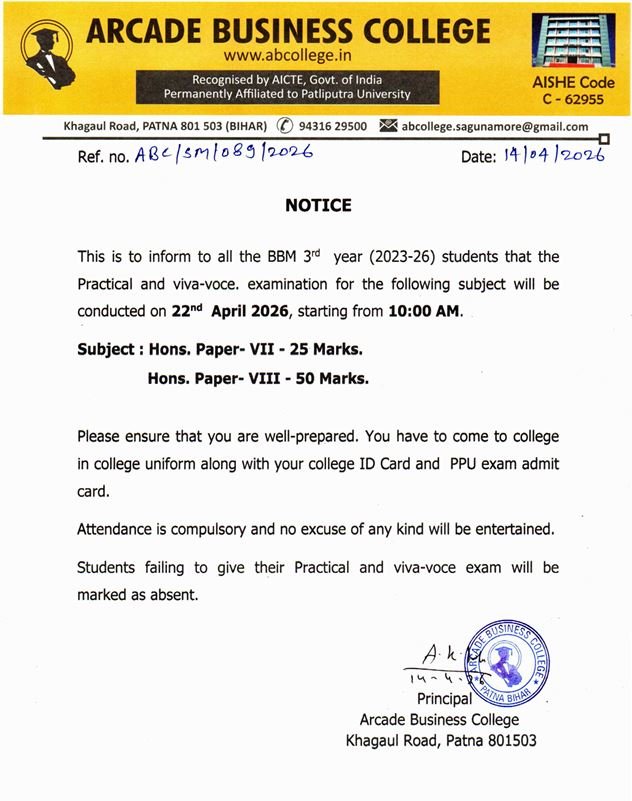 NOTICE: SCHEDULE FOR PRACTICAL AND VIVA-VOCE. (BBM 3RD YEAR 2023-26)