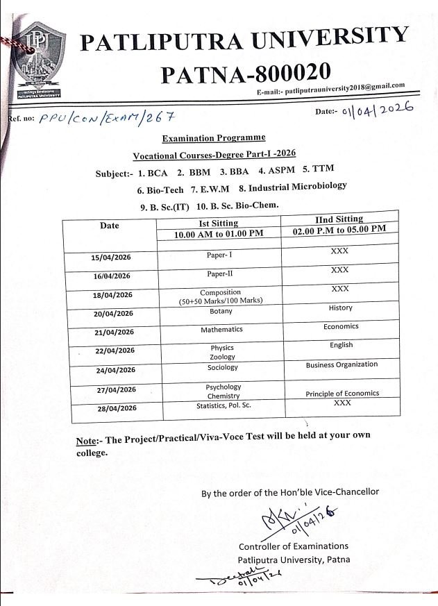 Information Regarding Examination Programme of U.G. Vocational Part-I 2026