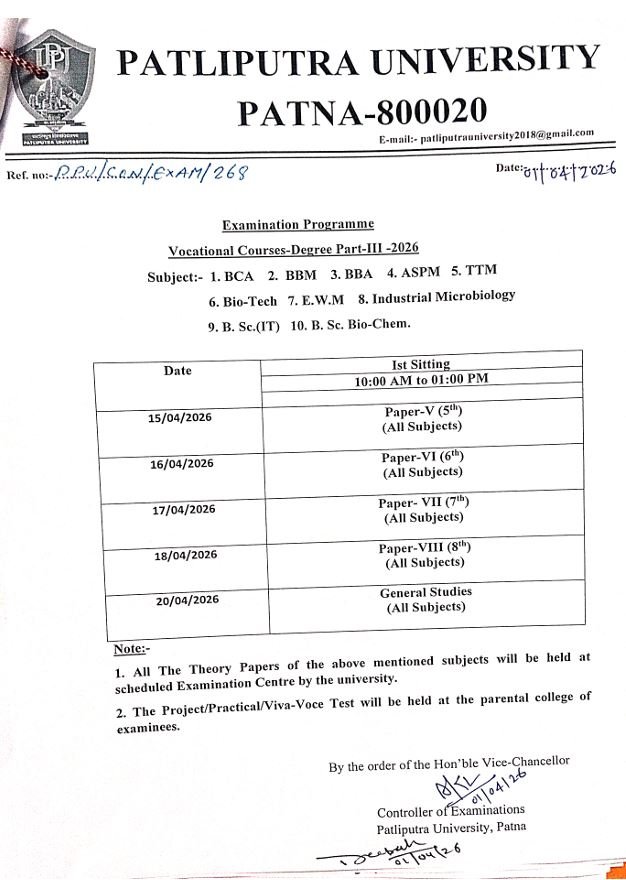 Information Regarding Examination Programme of U.G. Vocational Part-III 2026