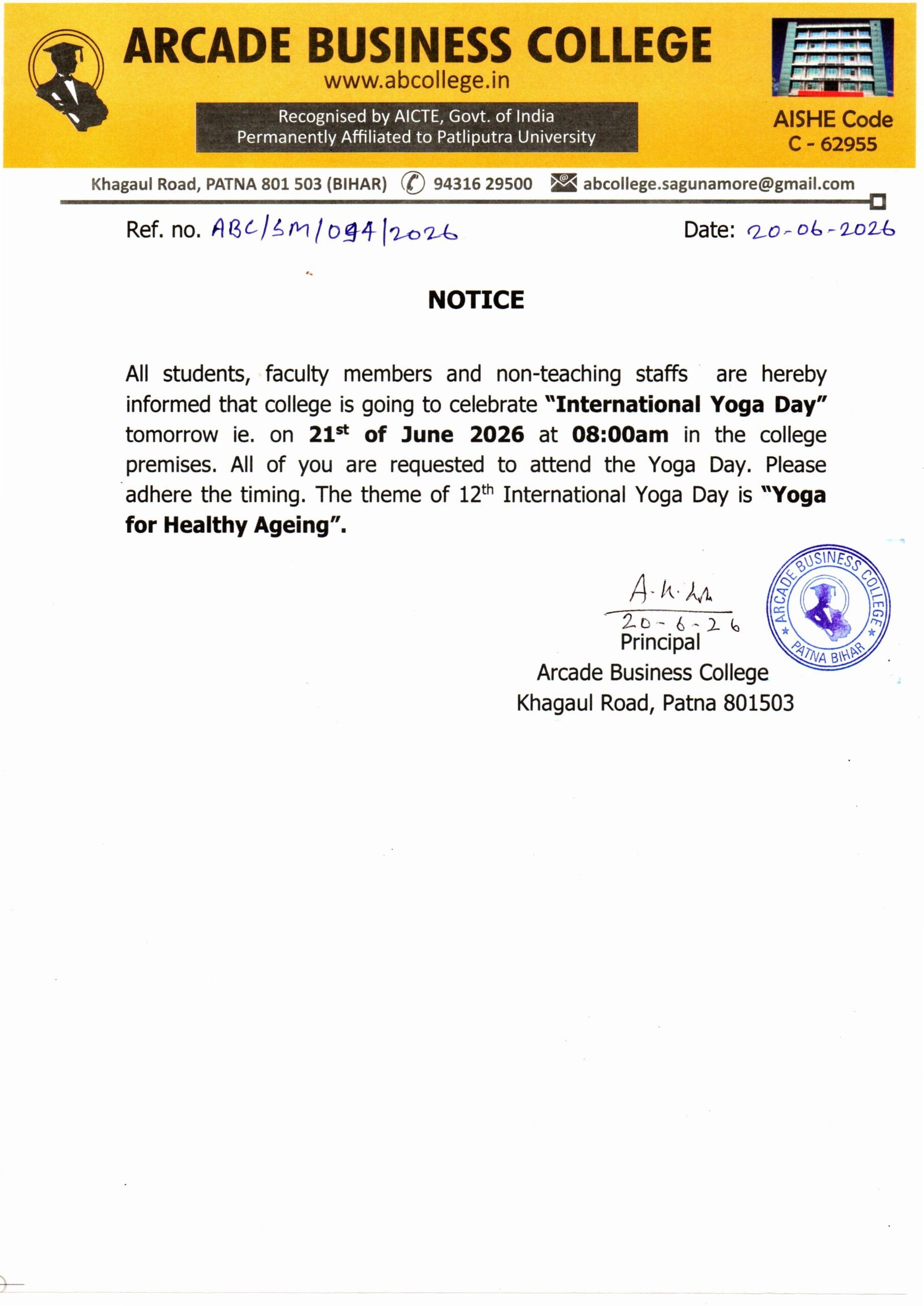 Notice: Regarding Celebration of 12th International Yoga Day 2026